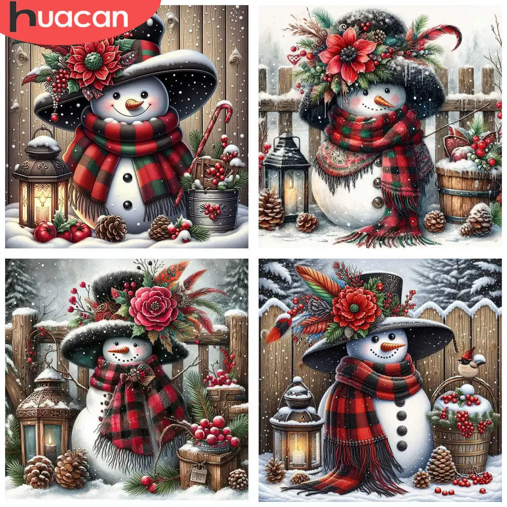 HUACAN 1 Stück Diamant-Malerei, festlicher Schneemann, Hut und Laterne, Winterszene, 5D-Diamant-Malerei-Set, Urlaub, Strass-Kunst