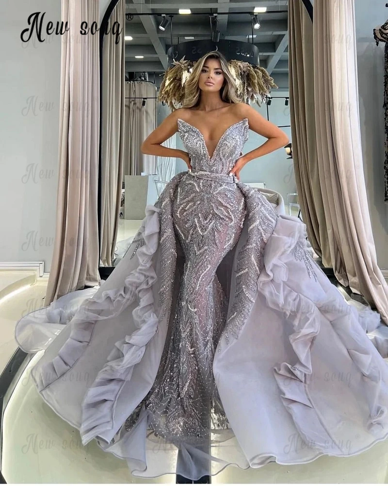 Precioso vestido de graduación con cuentas plateadas, con volantes, tren desmontable, vestidos de fiesta de boda, Dubai, talla grande, personalizado, 2023