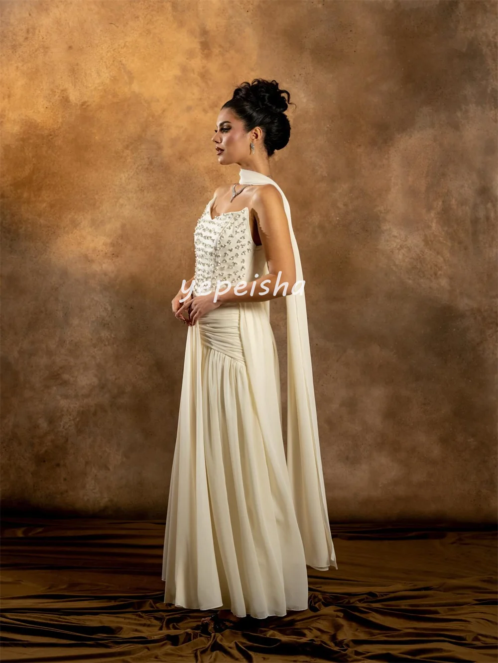 Customized Matching Classic Chiffon Rhinestone Pleat Draped A-line Strapless Long Dresses Evening Dresses Sizes Available Retro