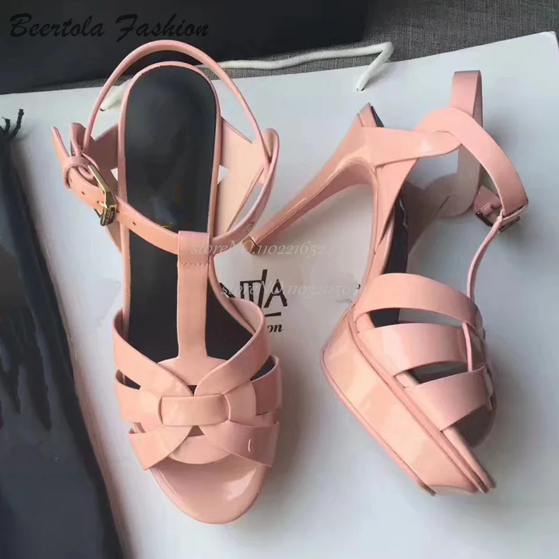 

Pink Shiny Leather Peep Toe Sandals Platform Women 10Cm/12Cm Heels Braided Hollow Slingback White Versatile Shoes Spring Girl