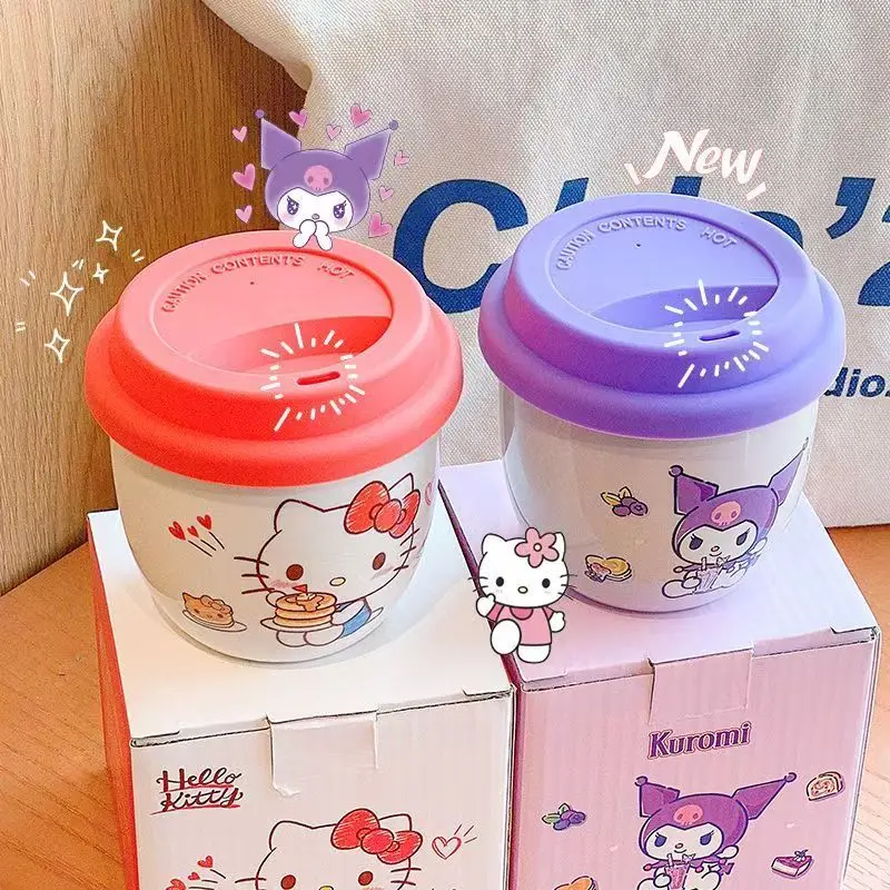 Kawaii Hello Kitty Kuromi My melody cartoon pattern coffee cup for women new ceramic casual cup with lid couple water cup