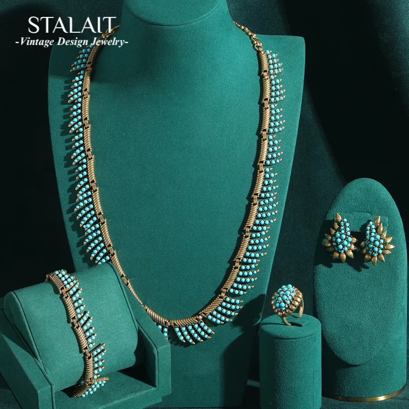 

Vintage Blue Beads Turquoise Jewelry Set Woman Luxury Antique Gold Color Leaf Bracelets Earrings Rings Bohemia Accessories 2025