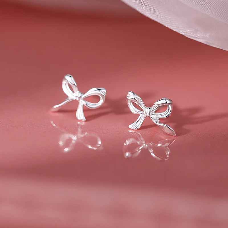 Fashion Sweet Cute Bow Stud Earrings For Women Hypoallergenic Silver Color Simple Minimalist Earring Girls Piercing Jewelry Gift