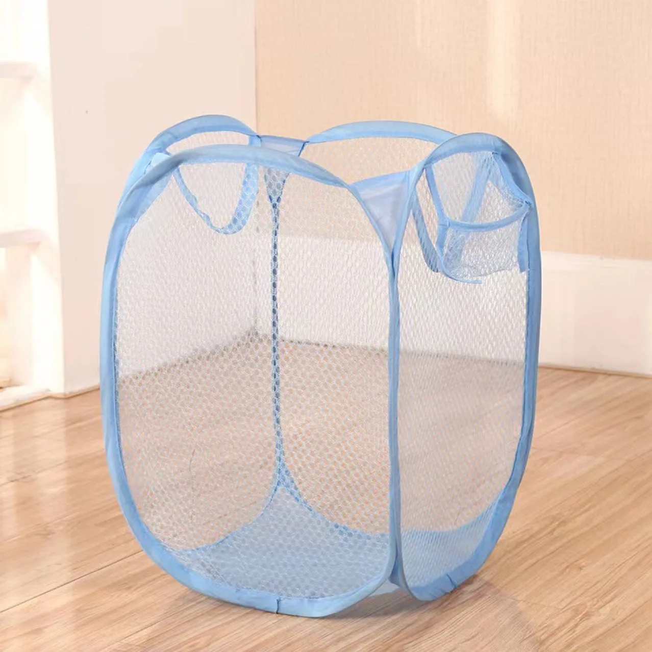 1Pc Blue Mesh Pop Up Square Laundry Basket Storage Toy Organizer Bag Collapsible Clothes Baskets for Dorm Dirty Clothes Basket