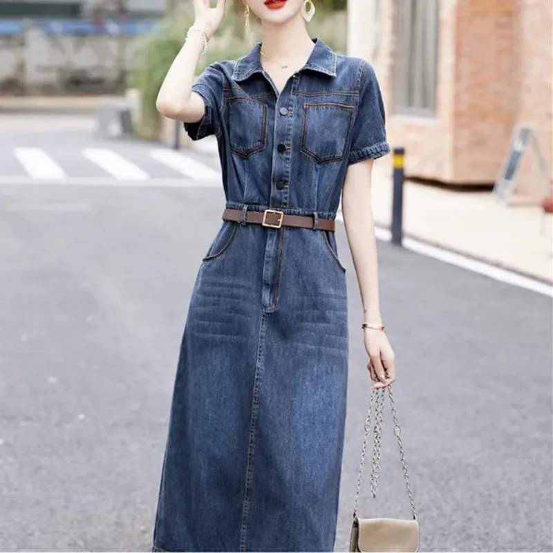 Short sleeved Denim Shirt Dress 2024 Women's New Summer Temperament Slim Dress With belt Casual Clothing