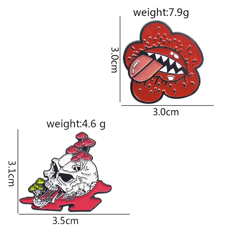 해골 큰 입 꽃 에나멜 핀 버섯 해골 머리 빨간 꽃 긴 혀 라펠 배지 브로치 쥬얼리 친구 비쥬