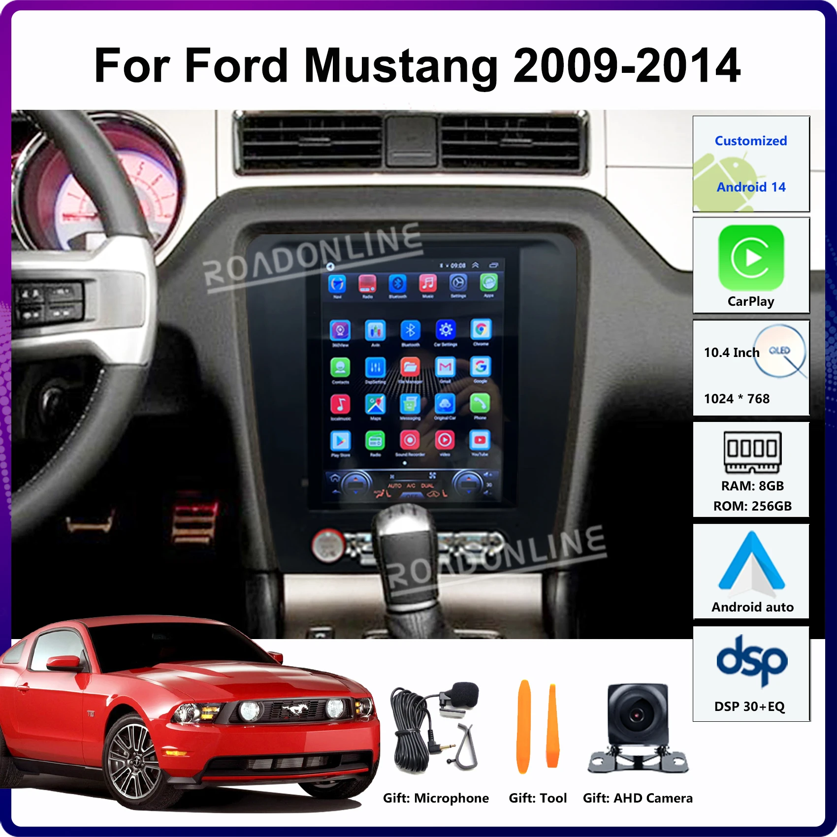

10.4" Android 14 For Ford Mustang 2009-2014 Car Multimedia Player GPS Stereo Receiver Radio Head Unit Tesla Style Screen CarPlay