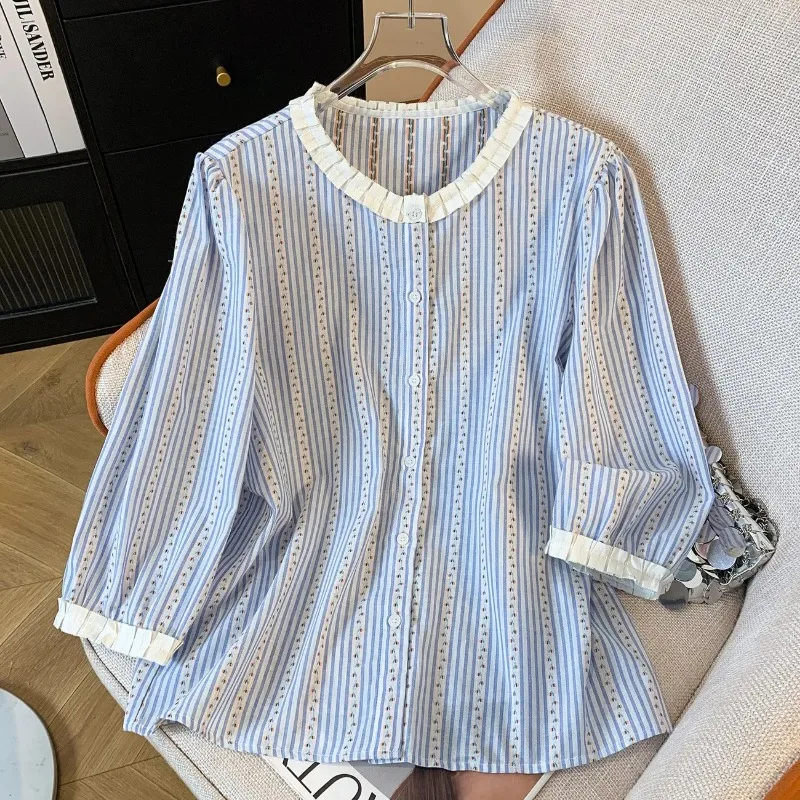 Women's Plus Size Striped Floral Blouse Summer Seven Point Sleeve Ruffle Trim Casual Slimming Shirt For Curvy Women
