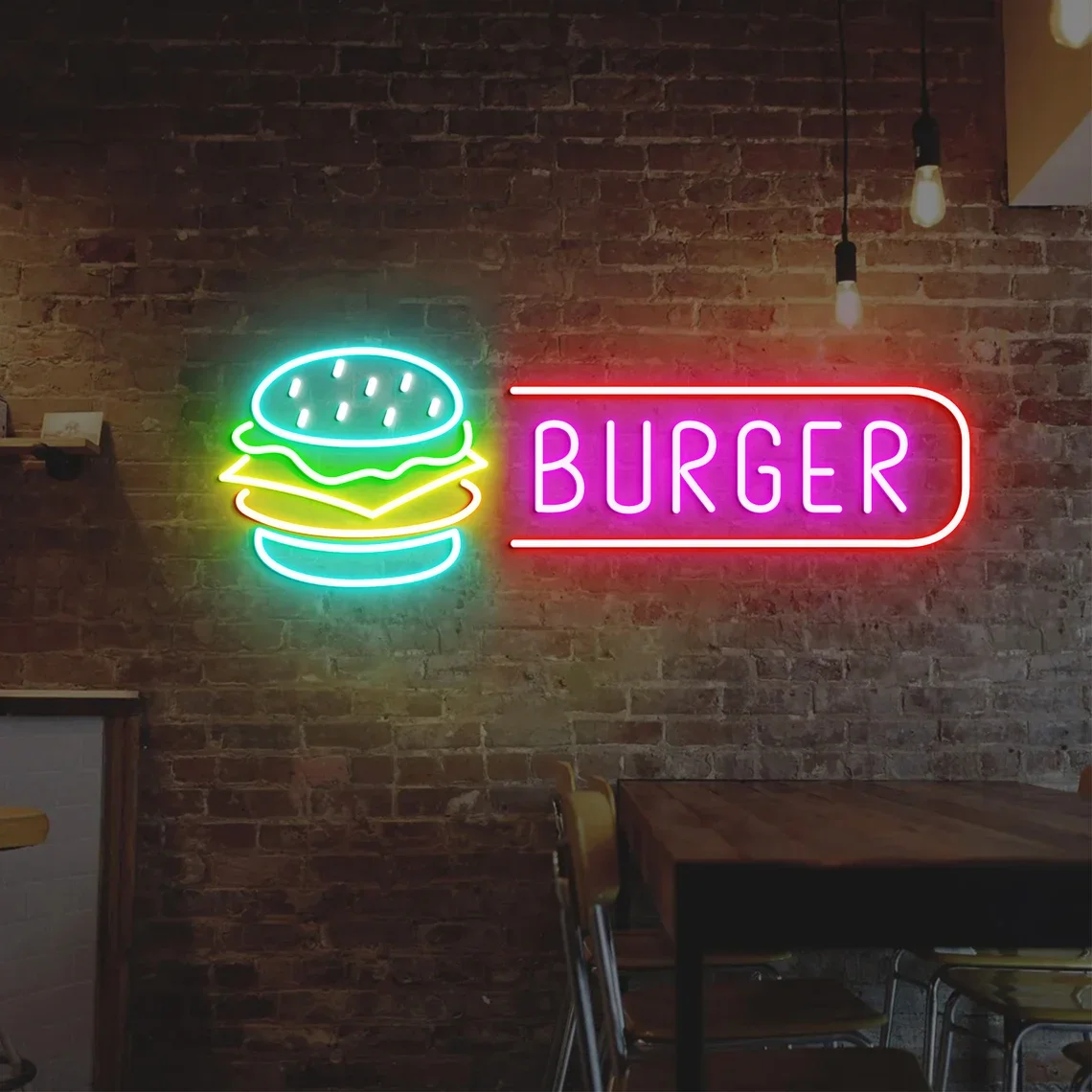 Burger Neon Sign Custom Fast Food Business Shop Neon Gift Opening Hamburger Shop Wall Art Hanging Restaurant Kitchen Neon