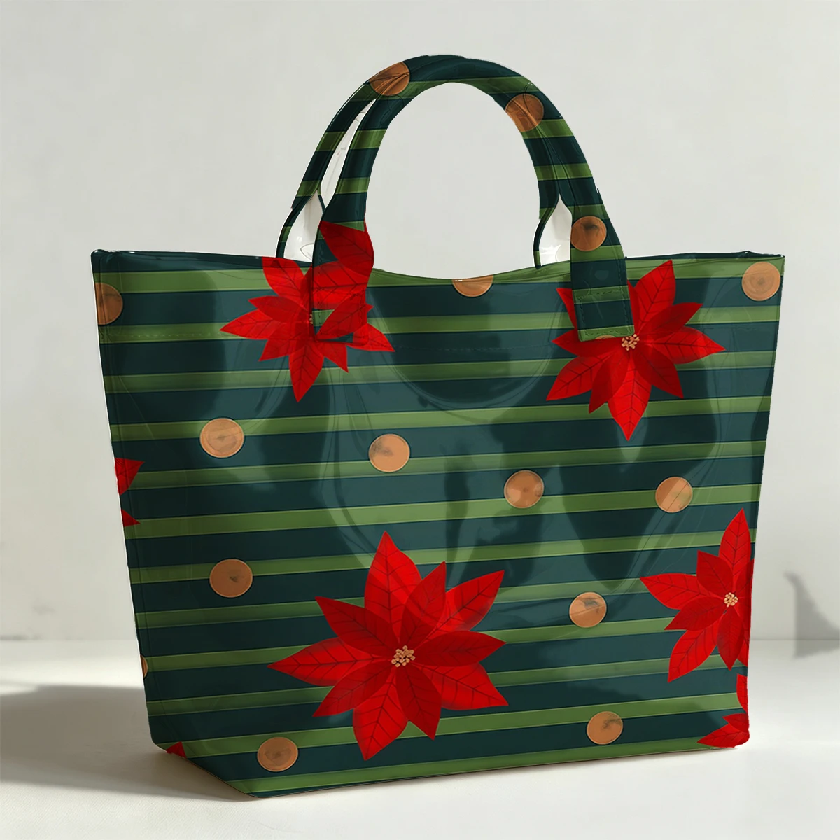 Striped Red Christmas Flower PVC Tote Bag Waterproof Transparent Jelly Bag Beach Bag Tote Pouch Bow Handbags Storage Bag