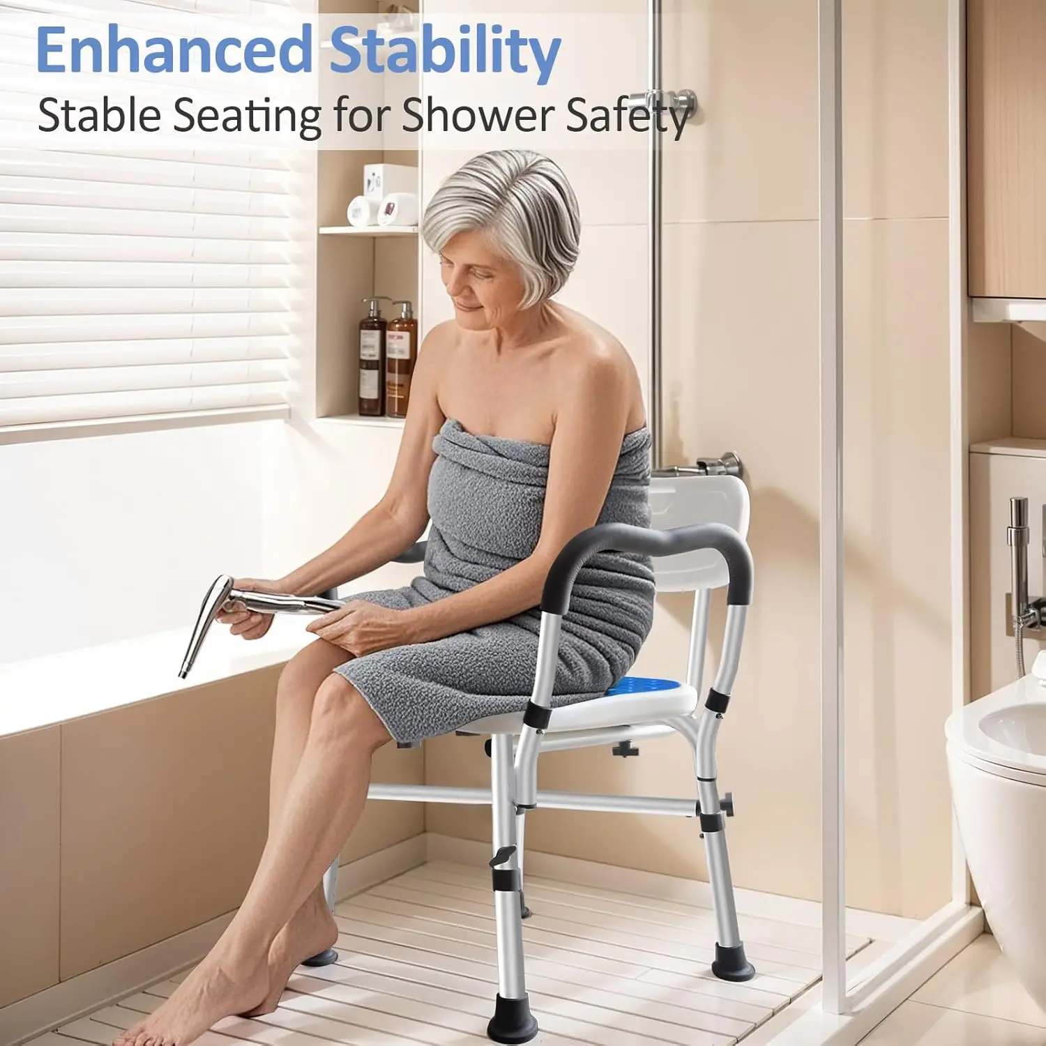 Chaise de douche robuste avec accoudoirs, capacité de 550 lb, hauteur réglable pour la sécurité des personnes âgées et handicapées