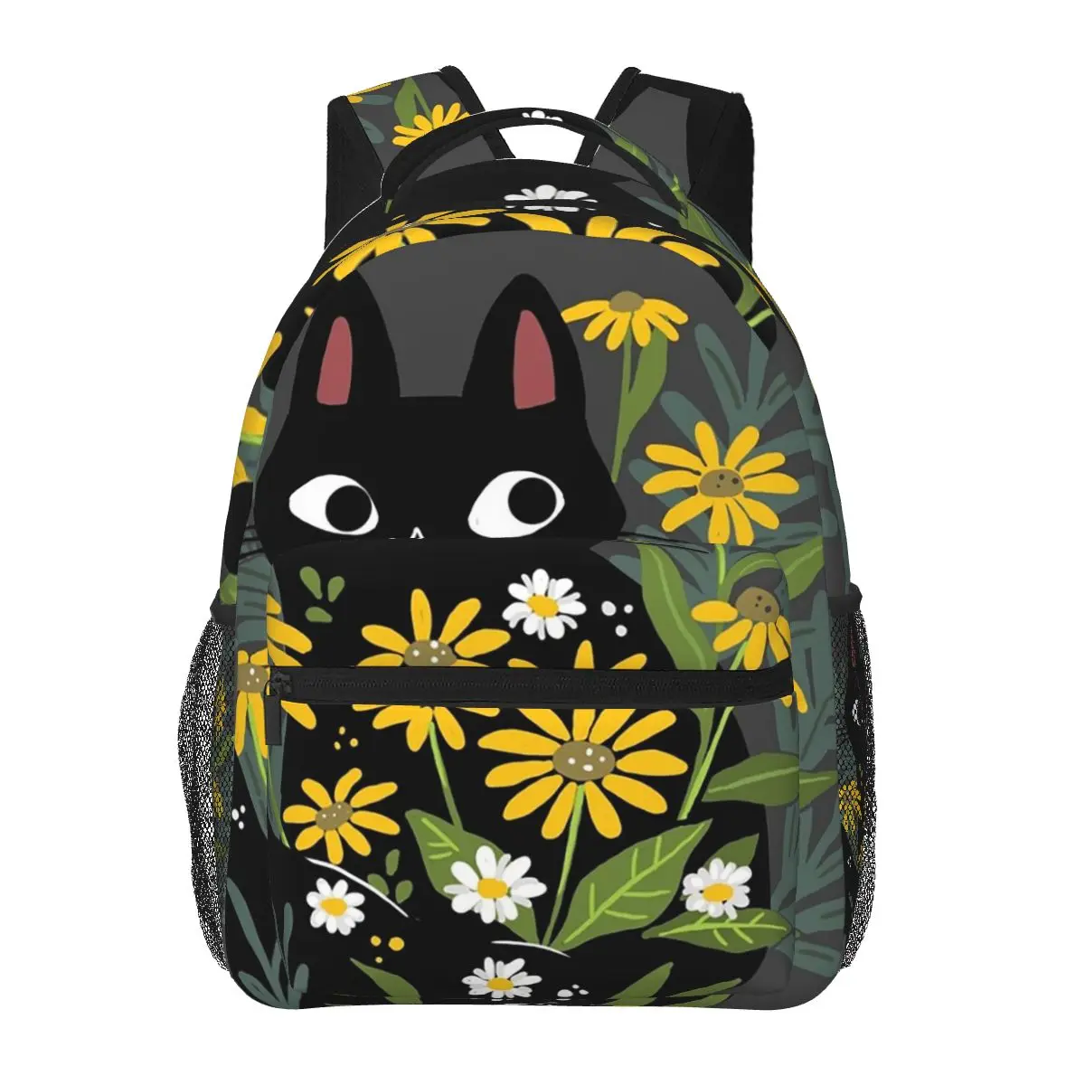 Black Cat With Flowers Backpacks Boys Girls Bookbag Children School Bags Cartoon Laptop Rucksack Shoulder Bag Large Capacity