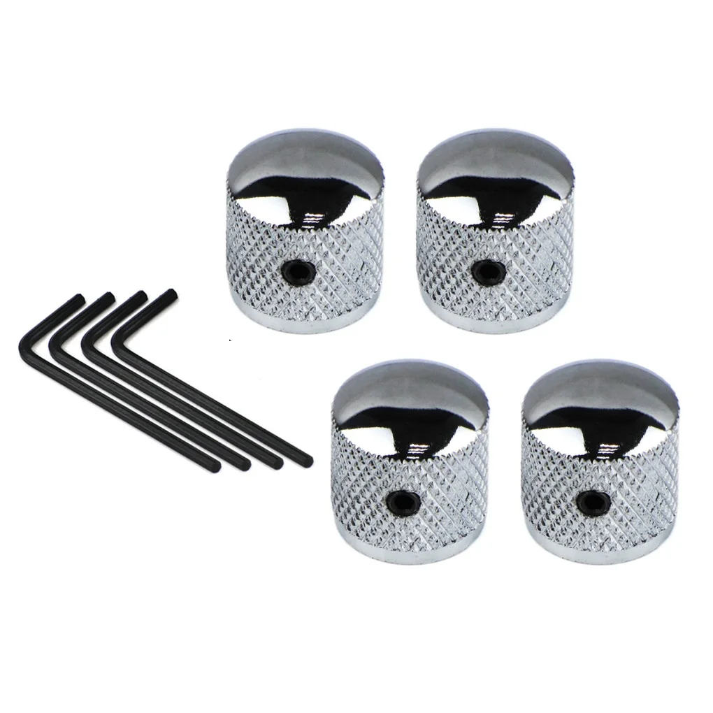 FLEOR 4pcs Metal Knobs Guitar Bass Control Knobs Potentiometer Caps Dome Top with Wrench,Chrome/Black