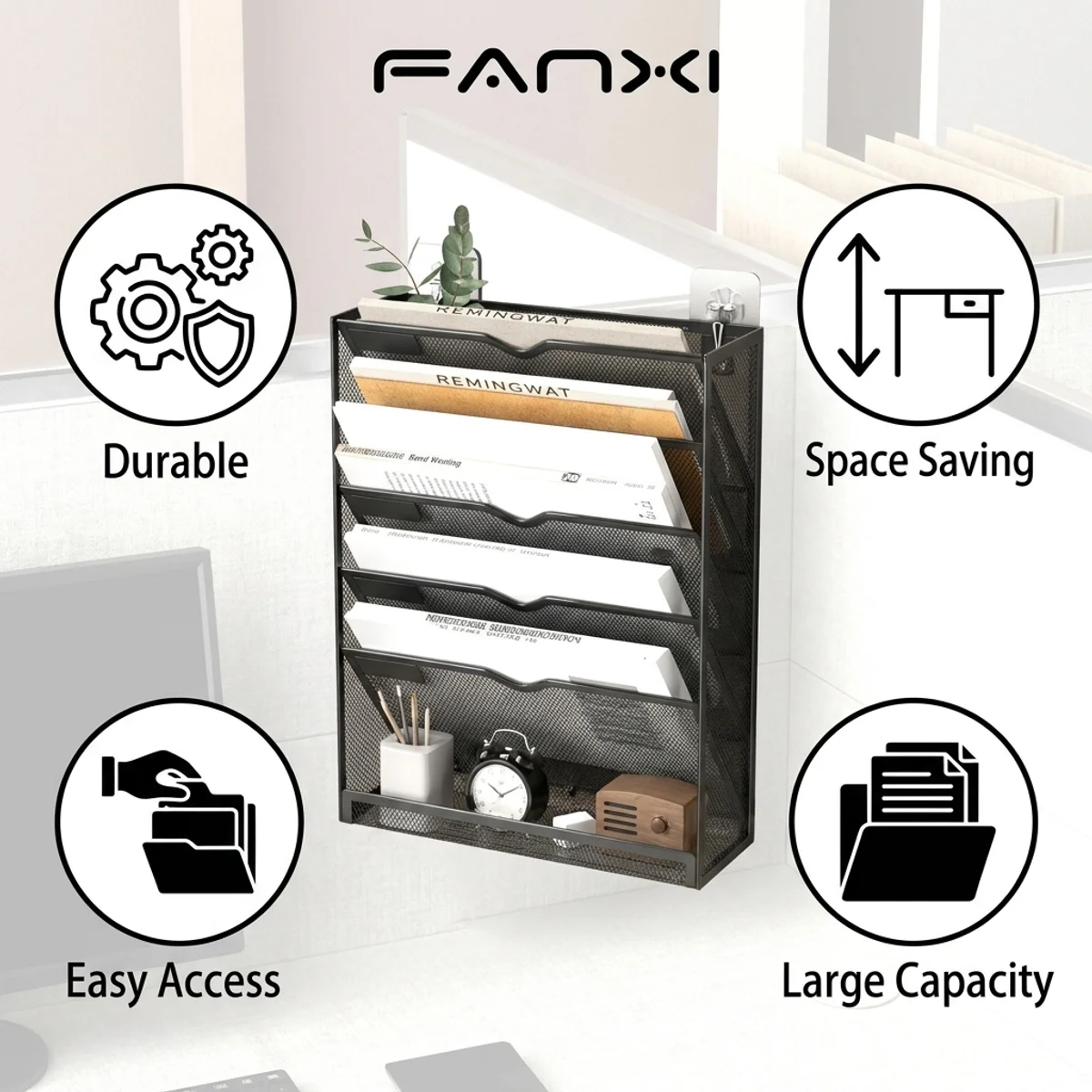 Wall Mounted Magazine Rack 5-Slot File Organizer with Top Tray Rust-Proof Metal Storage for Living Room Bedroom Hallway