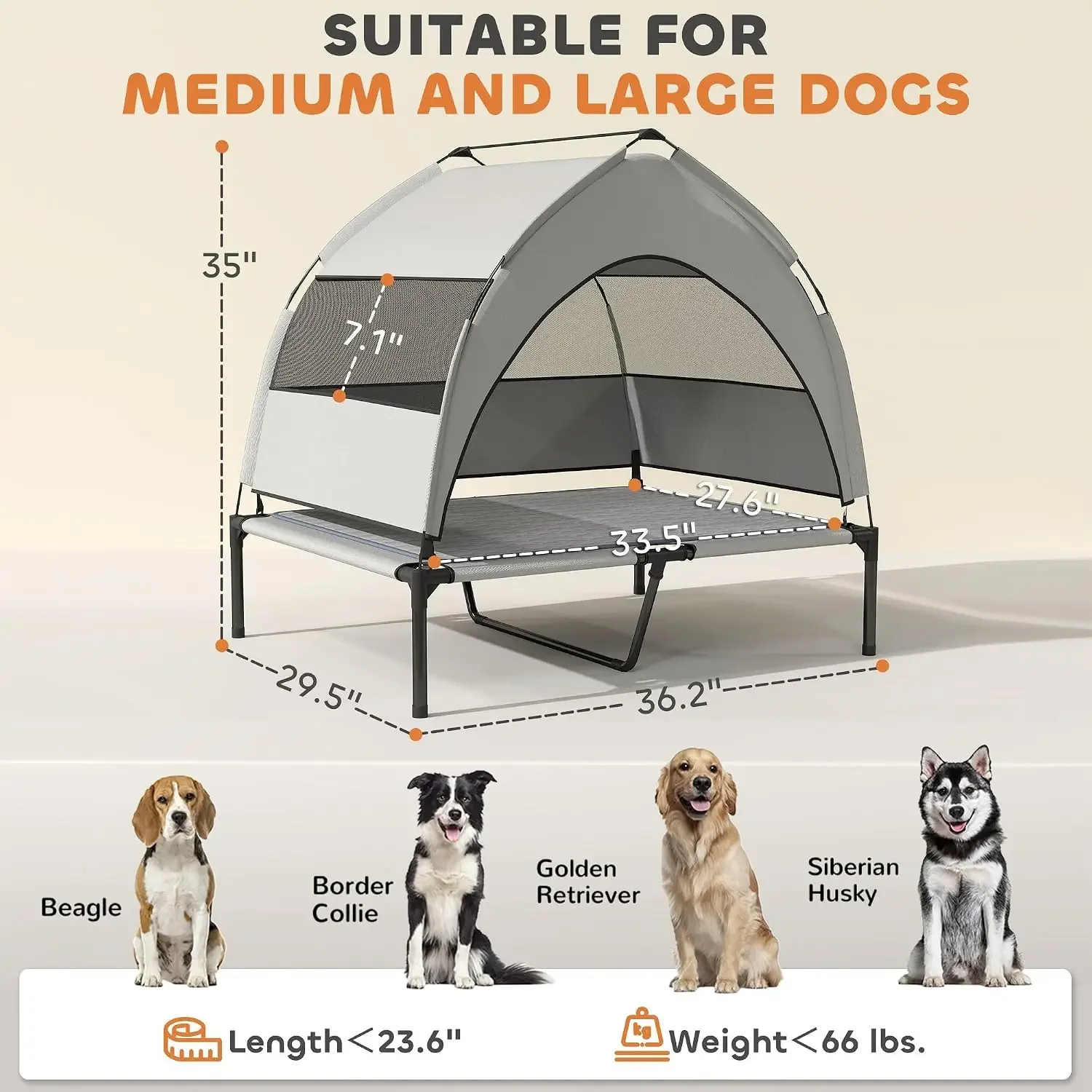 Elevated Dog Bed with Removable Canopy, Raised Outdoor Pet Cot, Portable Cooling Pad and Storage Bag for Medium Large Dogs