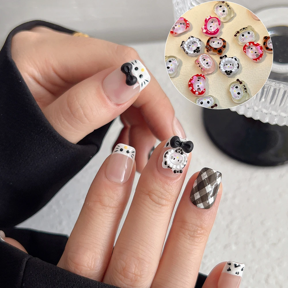 10Pcs 3D Leopard Print Hello Kitty Nail Charm DIY Resin KT Cat Head Hat Rhinestone DIY Nail Art Decoration Manicure Crafts