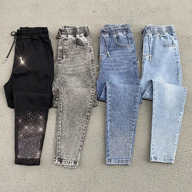 

Rhinestones Elastic High Waist Jeans Pencil Pants Spring Summer 2024 New Fashion Harem Denim Pants Female Korean Version