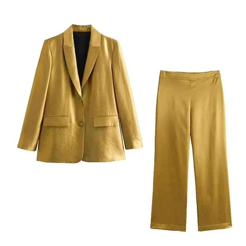 2024 ฤดูใบไม้ผลิผู้หญิงแฟชั่น Chic ชุด Turn-Down คอยาวแขนยาว Golden Casual Blazers + เอวสูงซิปกางเกงหลวม