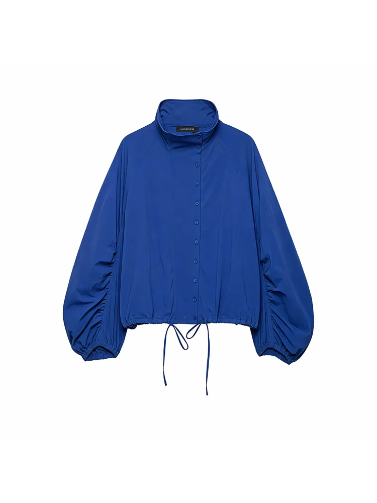 Women Vintage Blue Single Breasted Jackets Women 2026 Fall New Chic Causal Folds Sleeve Stand Collar Coats High Street Lady Top