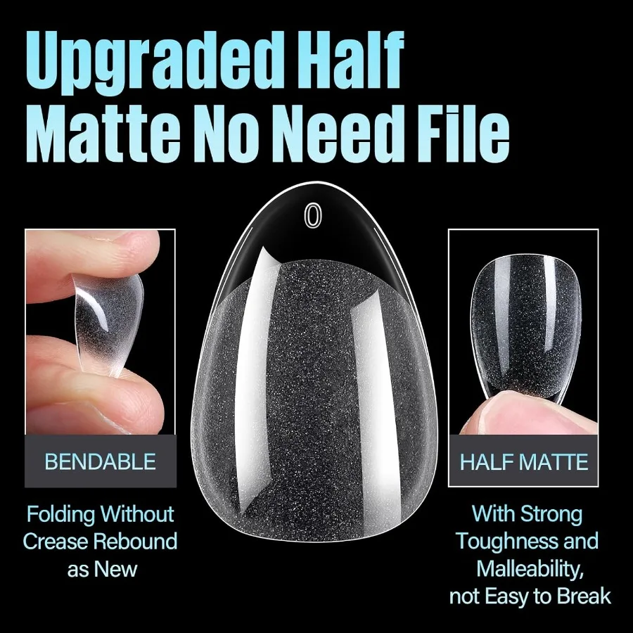 Faux ongles courts en forme d'amande, 240 pièces, demi-mates, en acrylique doux, 12 tailles, couverture complète, 12 pièces