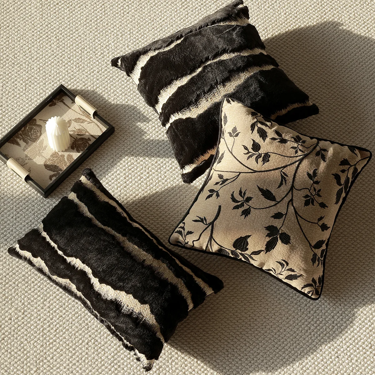 

Premium Italian Retro Cushion Cover Luxury Faux Fur Pillow Covers Decorative Modern Home Sofa Leaf Embroidered Pillowcase