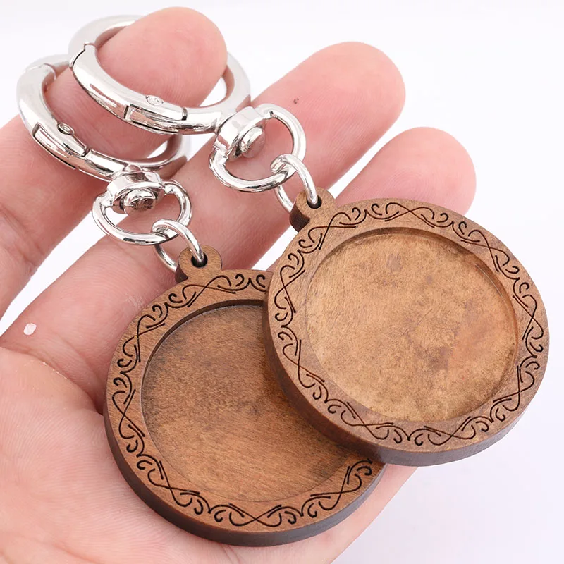 

5pcs 30mm Wood Cabochon Keychain Base Setting Blanks Diy Metal Spring Clasp Key Ring For Keyring Jewelry Making