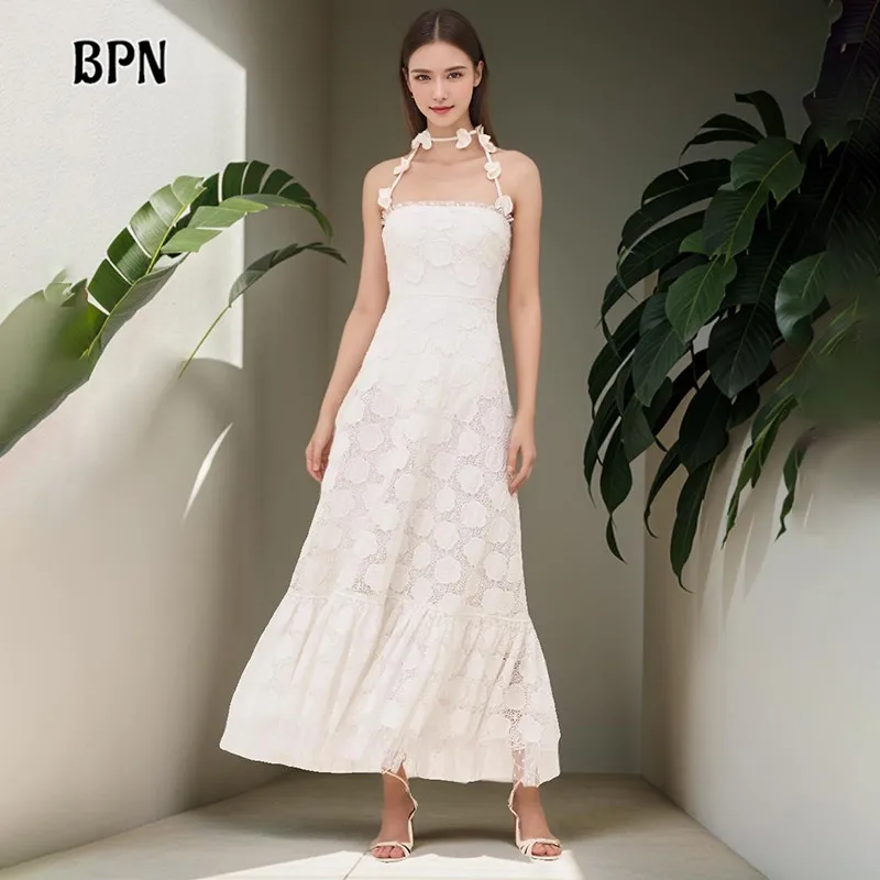 

BPN Elegant Dresses For Women Strapless Sleeveless High Wiast Patchwork Lace Up Solid Temperament Dress Female Fashion Clothing