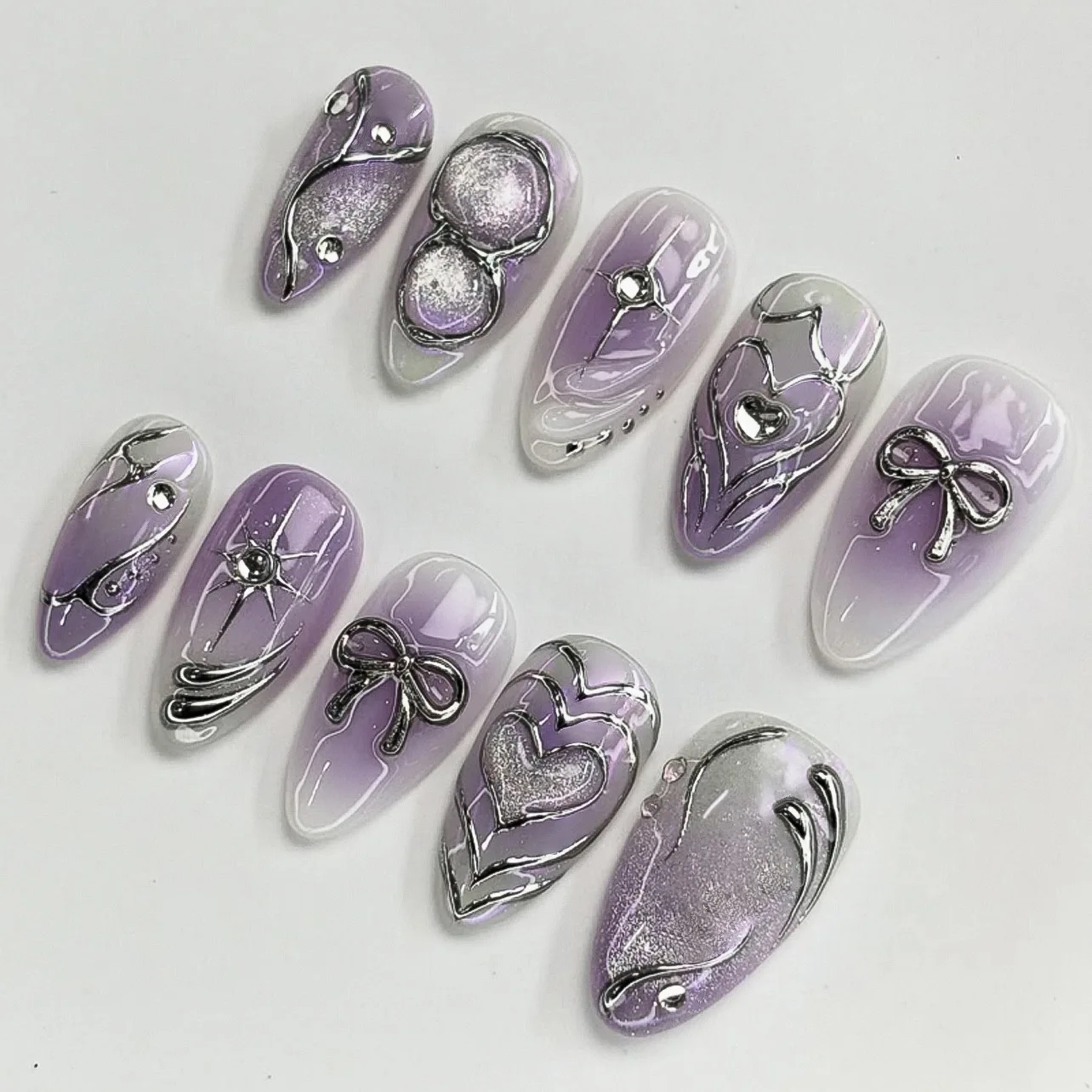 

24Pcs Y2k Purple Smudge Rhinestone Press on False Nails 3D Silvery Bow Heart Fake Nails Mid-length Almond Wearable Manicure Tips