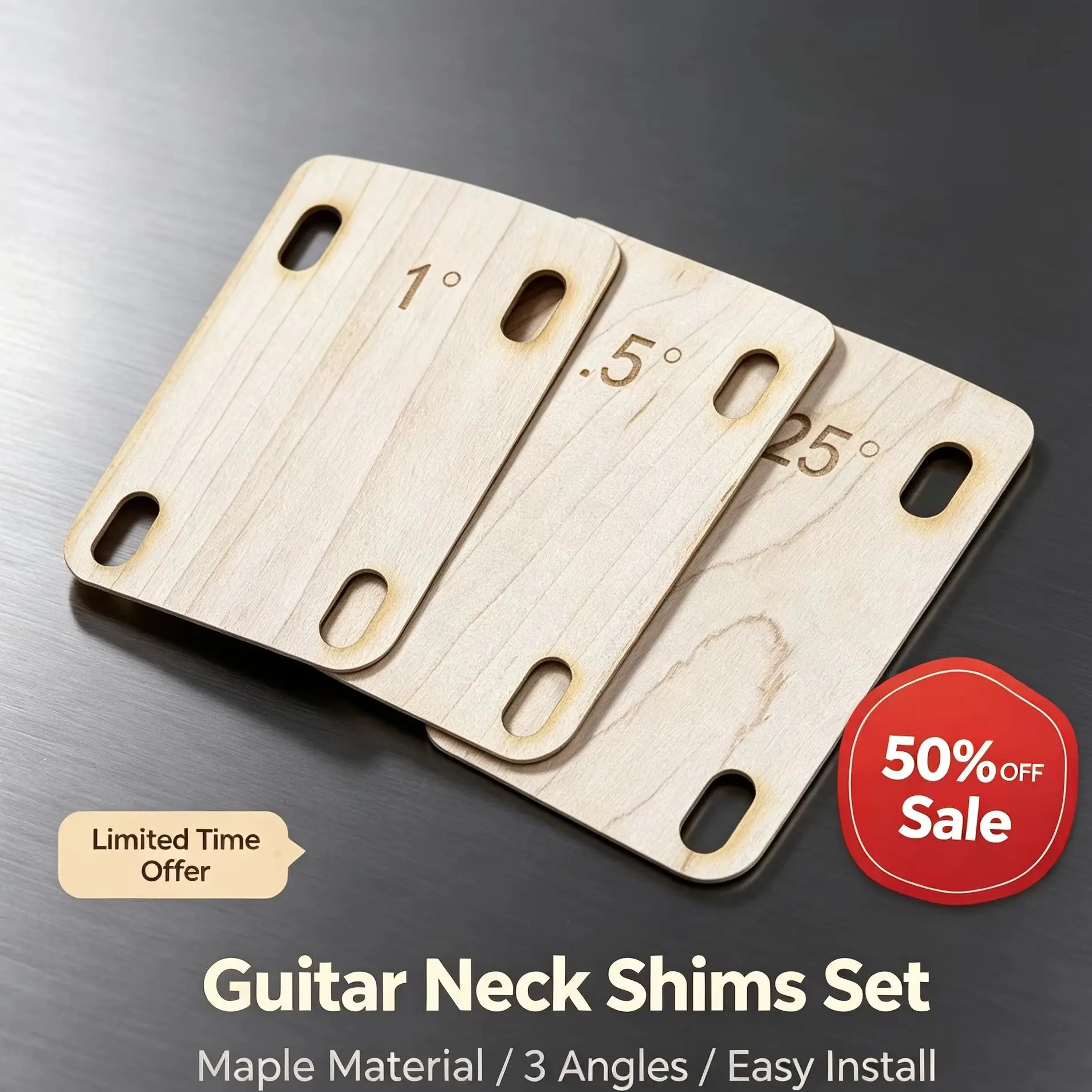 0.25°, 0.5°, 1° Guitar Neck Shims Set - Wooden Shims for Bolt-On Neck Adjustment, Guitar Accessories