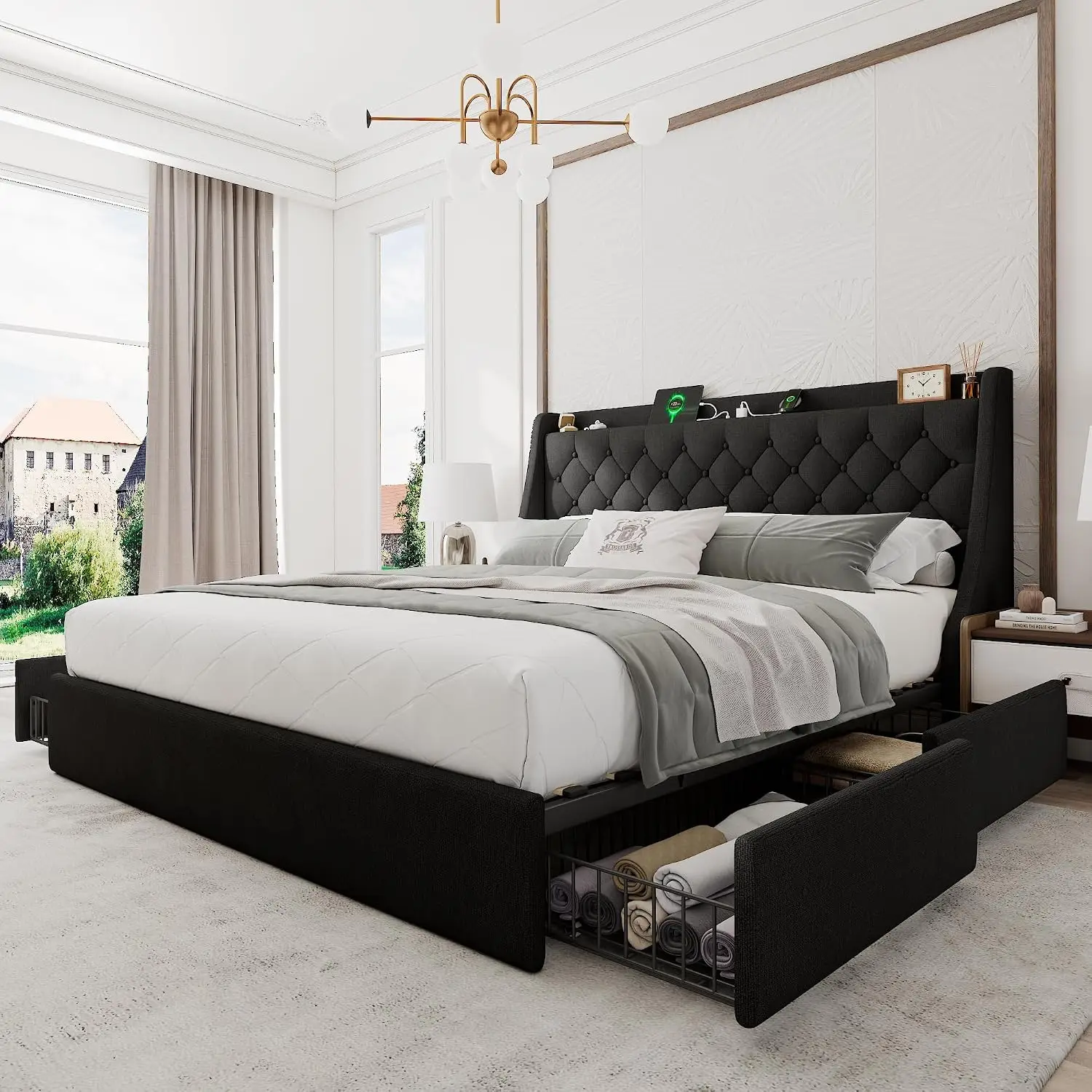 King Bed Frame With 4 Drawers, Upholstered Wingback Headboard, Charging Station, No Box Spring, Easy Assembly, Black, Customized