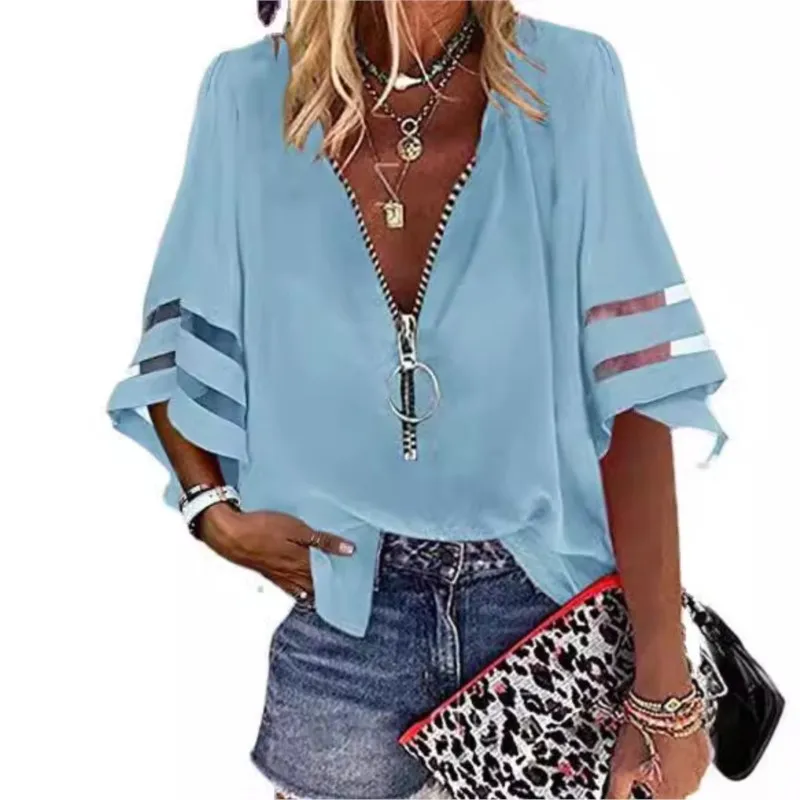 Summer Solid Shirt Elegant Women Lace Patchwork Flared Sleeve Mesh Blouse Women Zipper V-Neck Loose Casual Top Streetwear Female