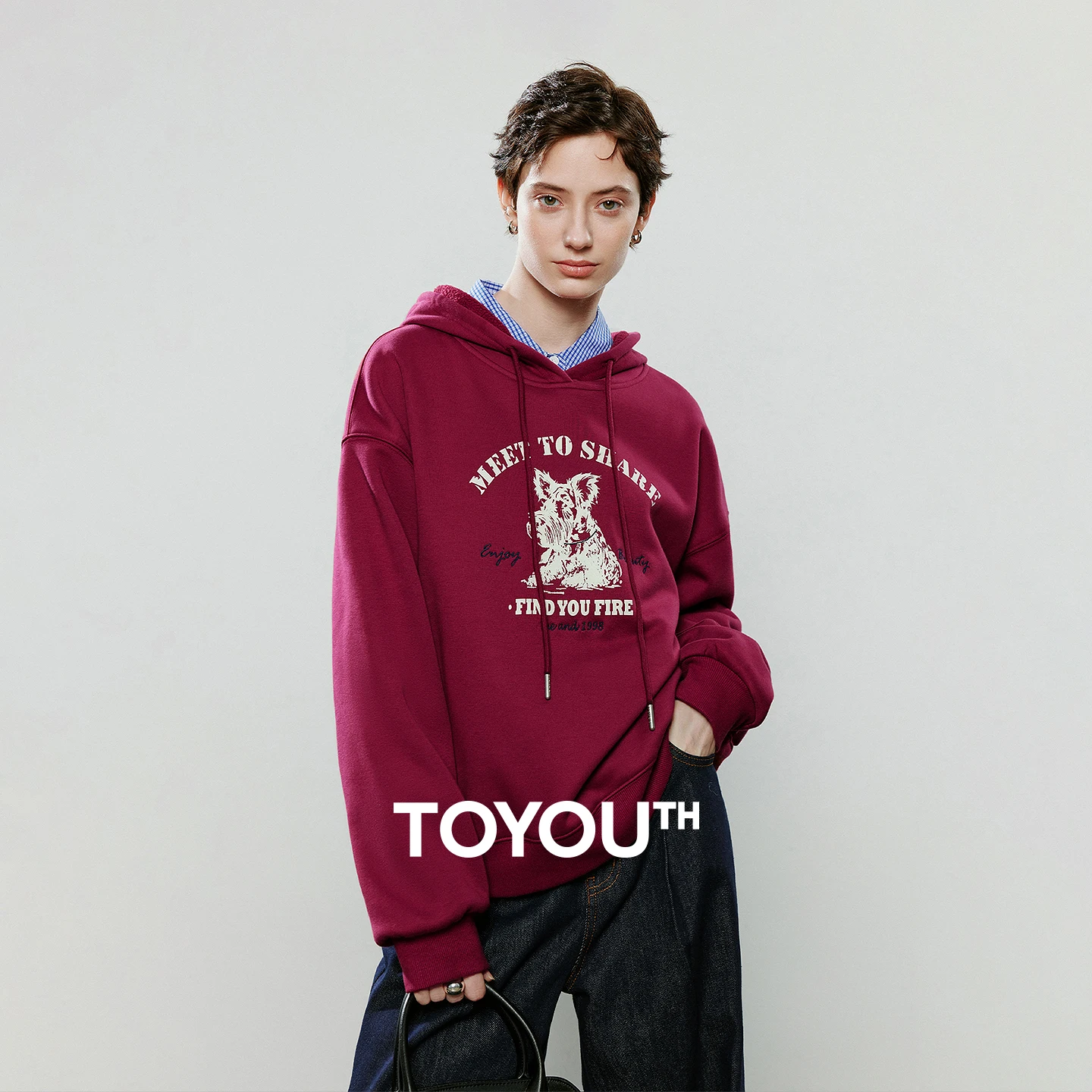 TOYOUTH Women Hoodies 2025 Winter NewAsymmetric Terrier Print Warm Pellet Fleece Velvet Hooded Cute Pet Top