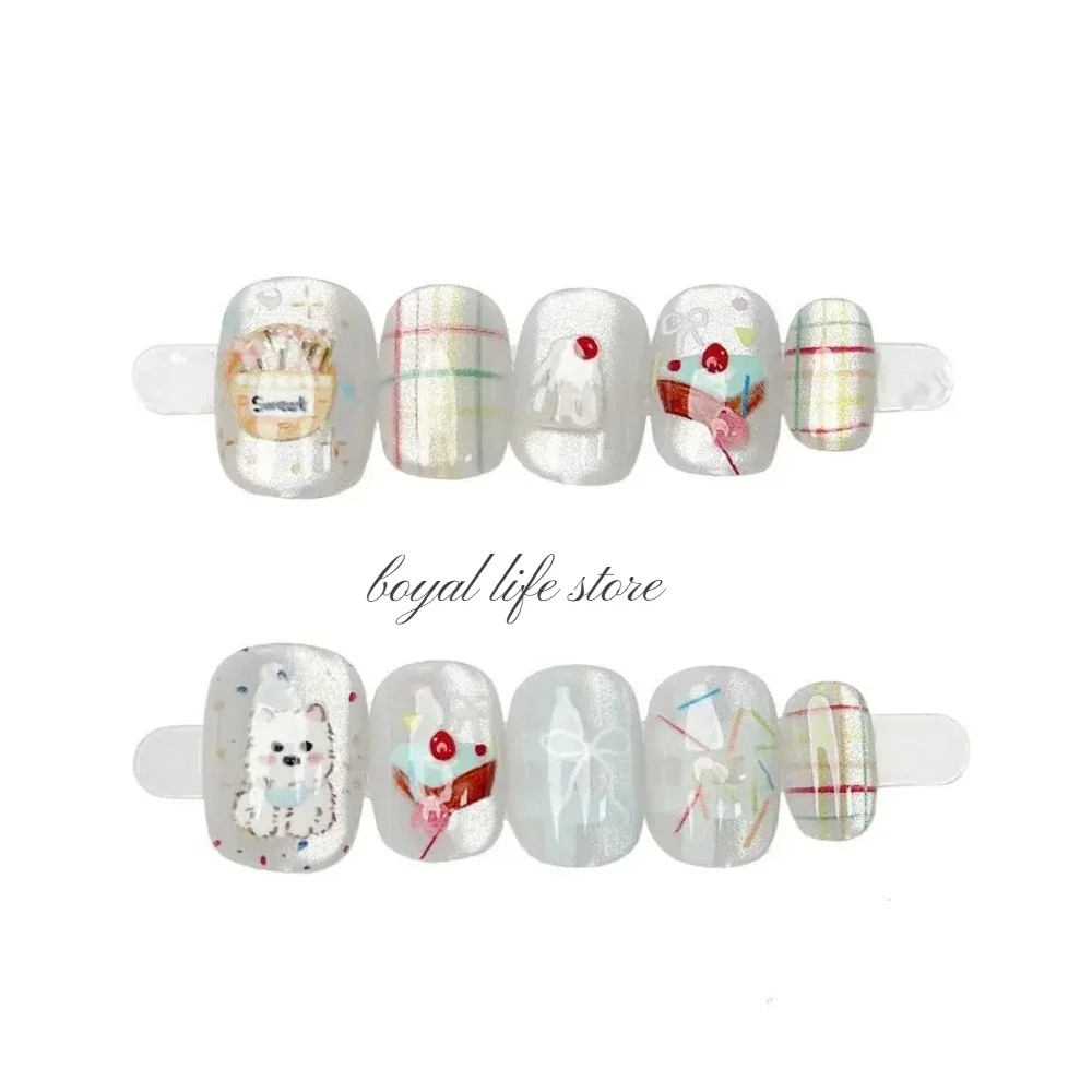 

10pcs Sweet Maltese Cat Eye Fake nails Nail tips Press on nails Soft gel tips nail Short nail False nails