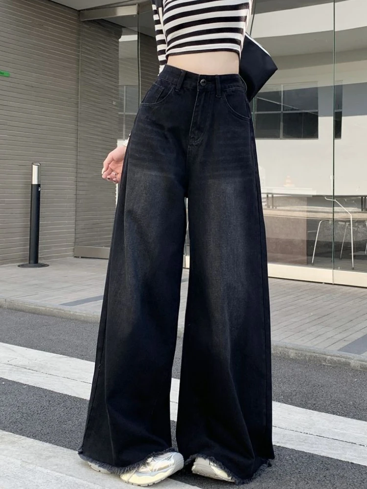 Jeans a gamba larga neri stile americano donna retrò allentato autunno femminile streetwear pantaloni a vita alta Mujer elegante fare vecchio