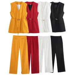 Zach Ailsa Autumn New Product Women's Style Split Design with Waist Belt, Tank Top, Solid Color Pocket, flared Pants Set