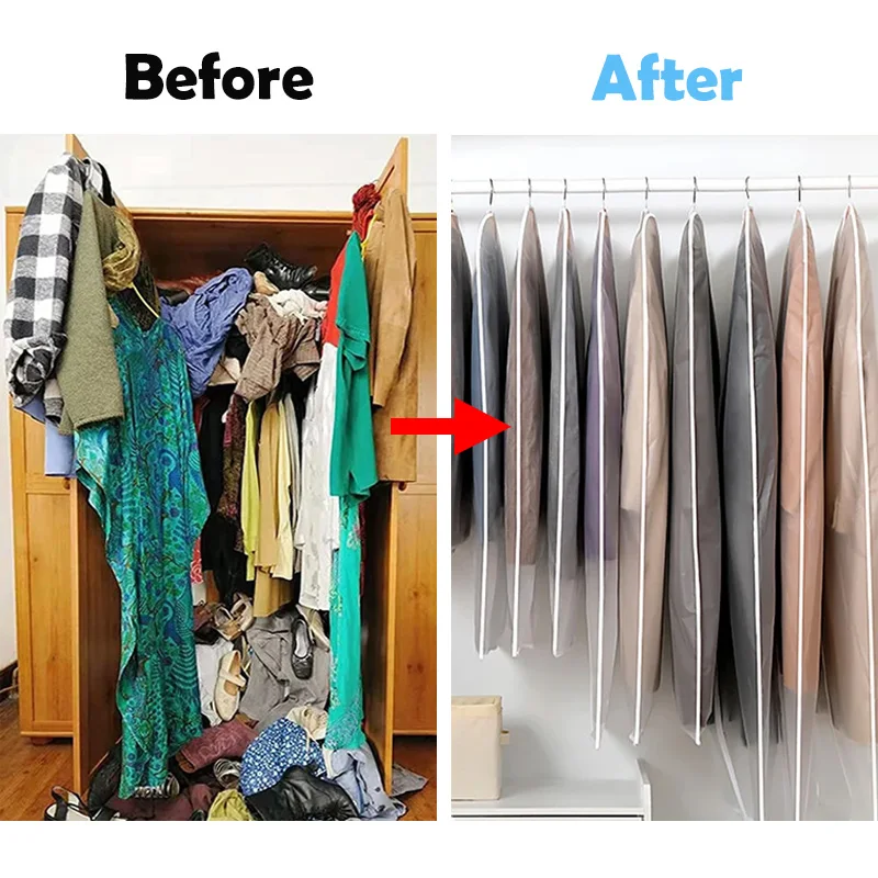 Transparent Dust Cover for Clothes, Hanger Cover with Zipper, Waterproof, Coat, Suit, Dress, Clothes Organizer