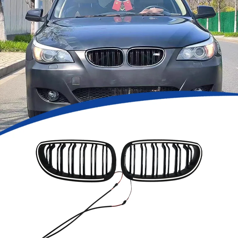 Front Hood Radiator Kidney Grille Bumper For BMW 5 Series E60 E61 2004-2009 Dual-line Style Illuminated LED Glossy Black Grille