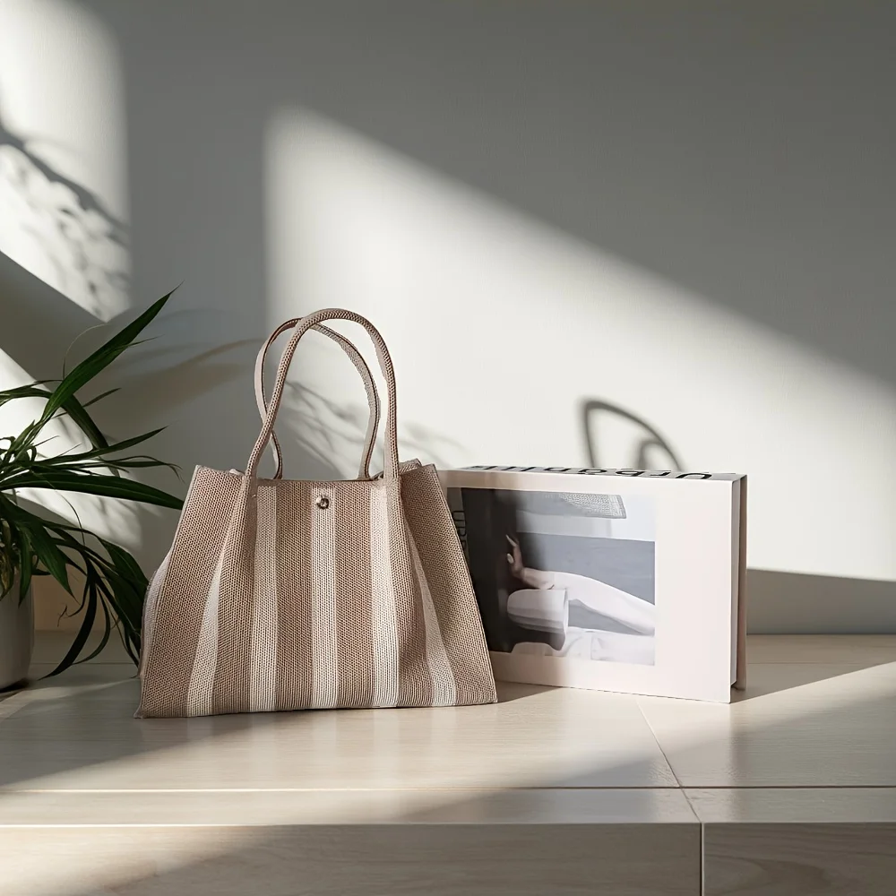Neue Farbblock-Stricktasche mit Streifendesign, Große Handtasche für den Arbeitsweg von Frauen – Detail 7