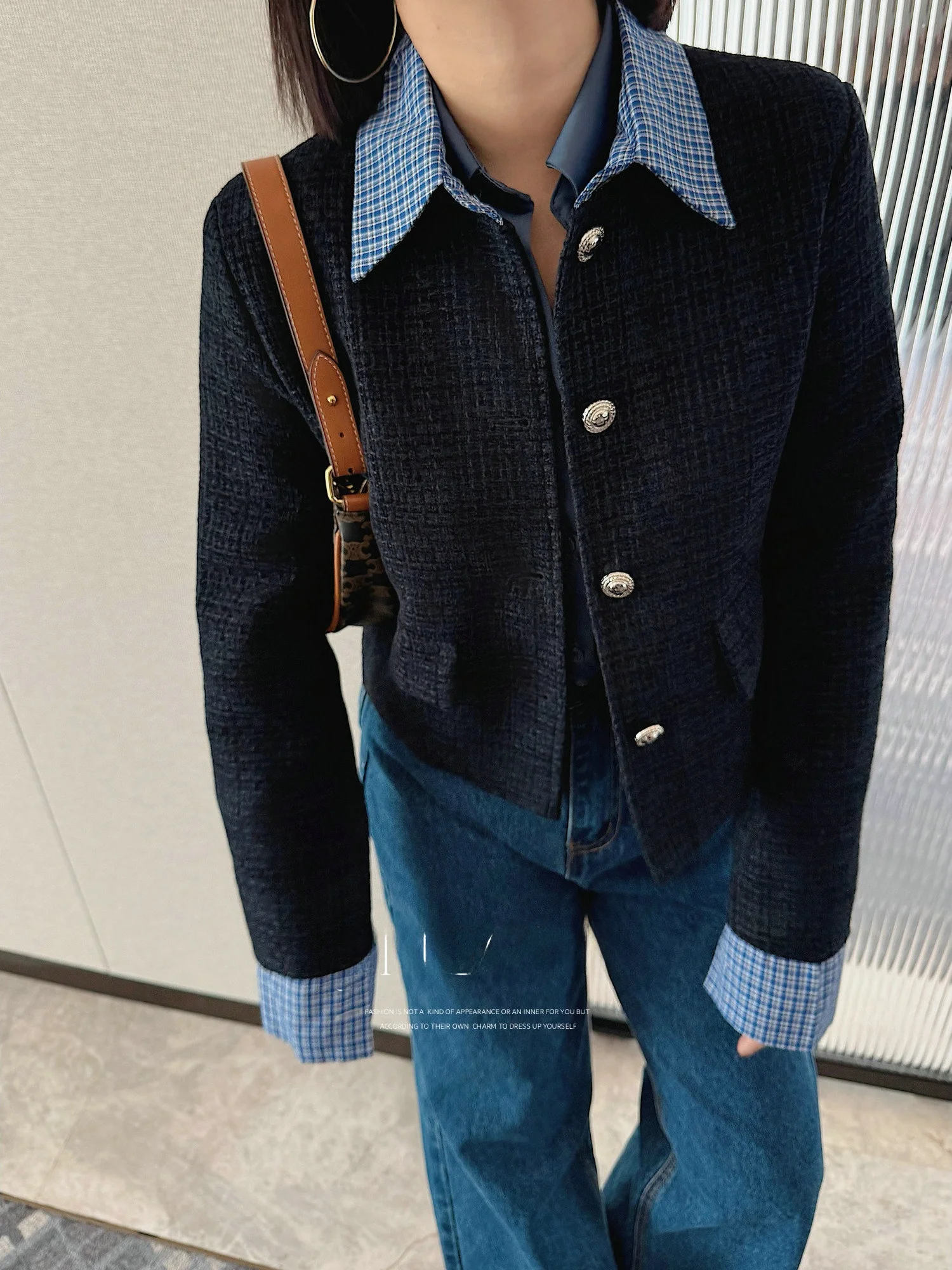 

JINGONI Ladies Plaid ort Jaet Slimming Hong Kong Sle Straight Cut Long Sve Button up Spring Faion 2026 New Arrival