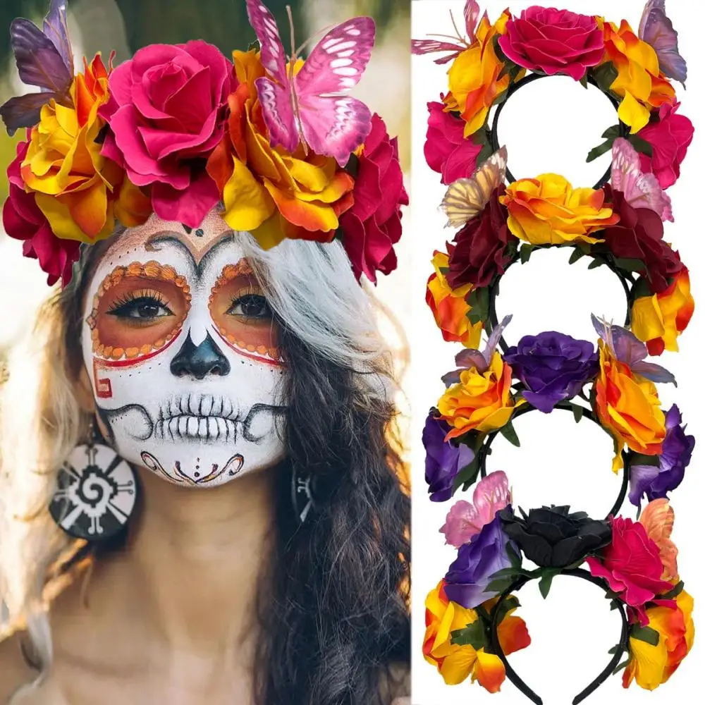 Large Flower Headband Mexican Floral Hair Band Rose peony Hair Hoop Cosplay Costume Party Festival Hair Garland Wedding Decors