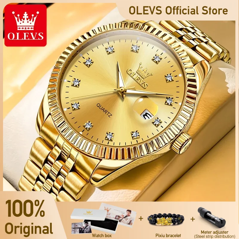 OLEVS Men\'s Watches Luxury Gold Original Quartz Wristwatch Waterproof Luminous Magnifier Date Diamond Scale Causual Daily Dress