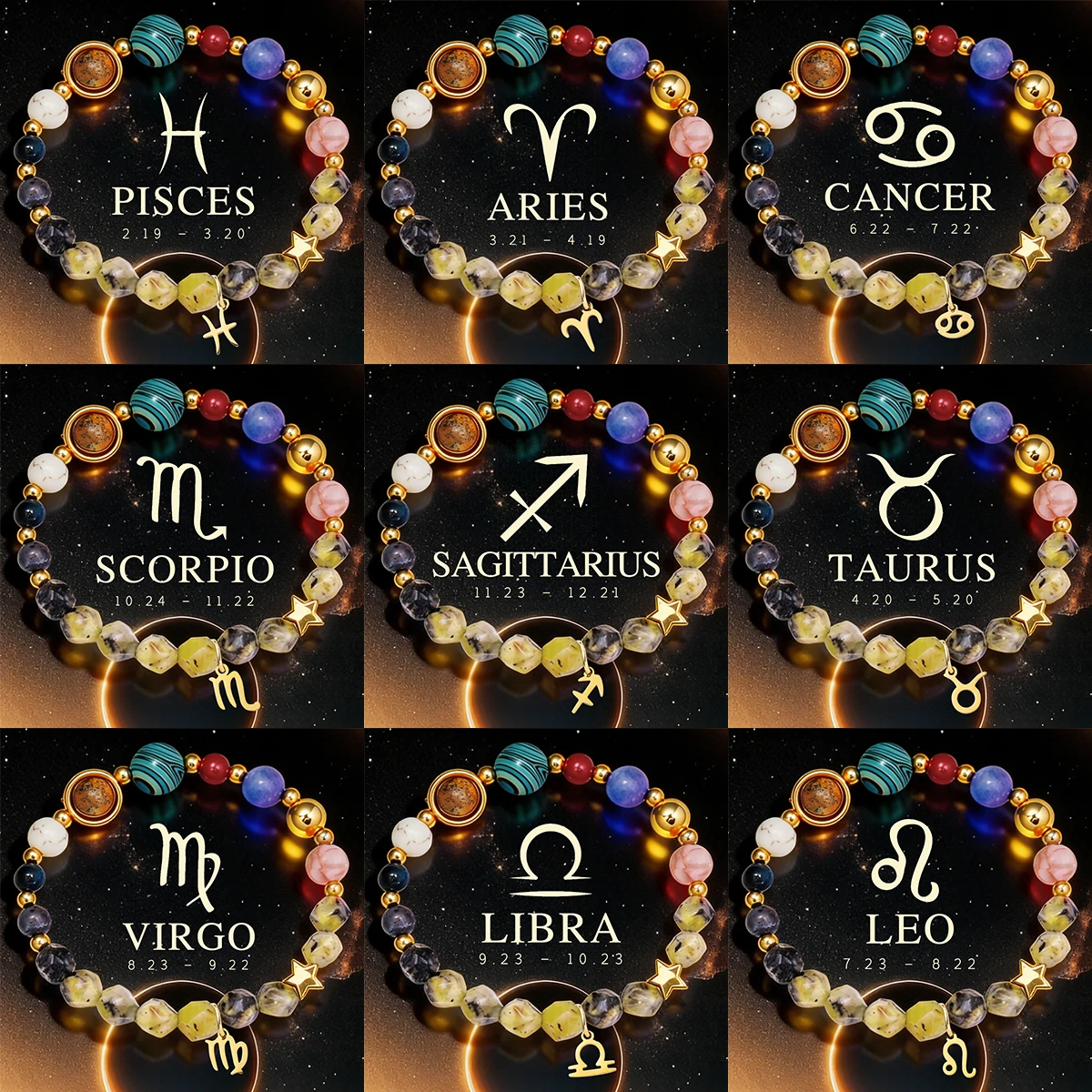 Solar System 12 Constellation Bracelet Natural Stone Bead Bracelet Leo Taurus Virgo Fashion Casual Special Occasion Wear
