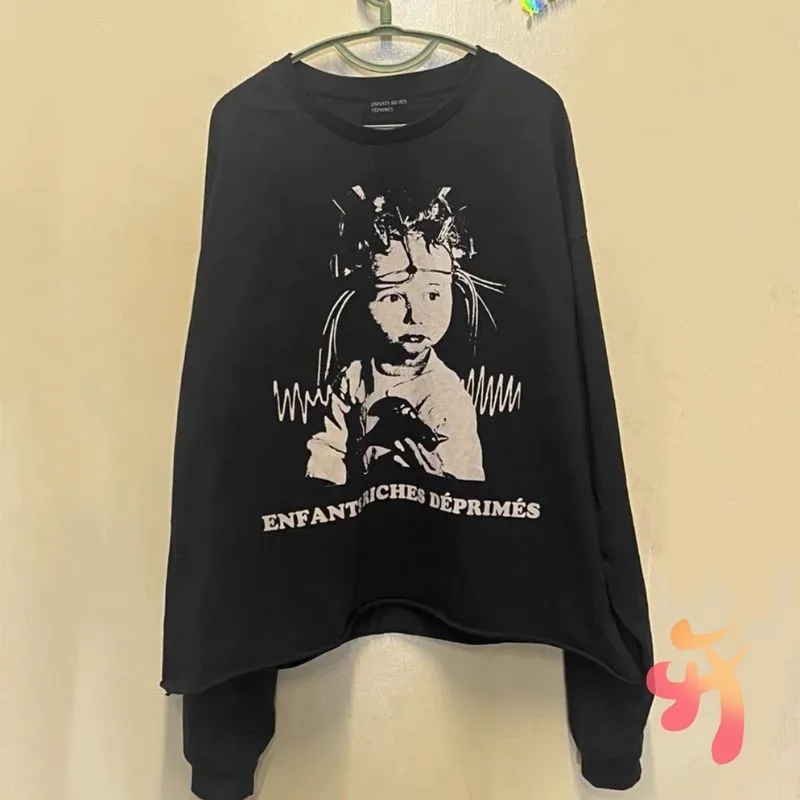 

Vinatge Hiphop Street Black ERD Sweatshirts Cotton Child King Portrait Long Sleeve Tops Causa Loose Rich Tshirts Men Women