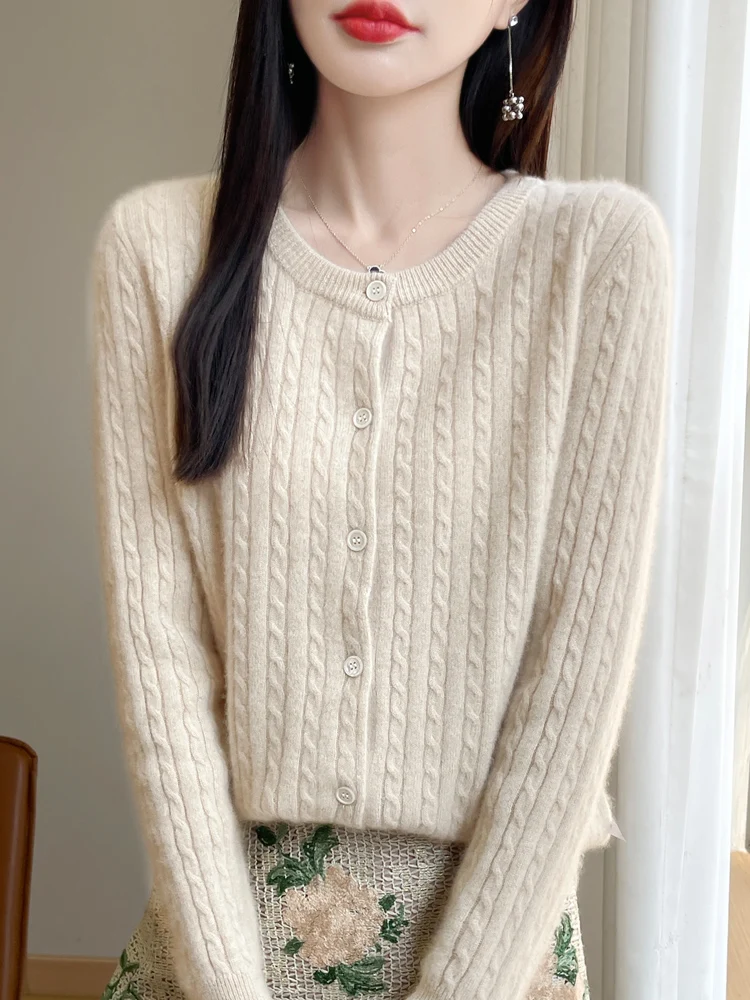 Autumn Winter New Twist Flower 100% Pure Wool Knit Cardigan Sweater Women's O-neck Loose Basic Long Sleeve Simple Versatile Coat