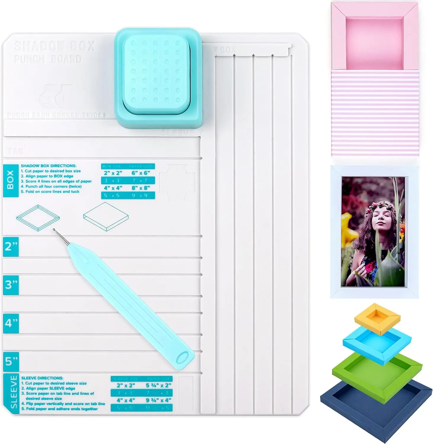 Shadow Box Punch Board for DIY Making 2/3/4/5 inch Shadow Boxes and Sleeves, Shadow Box Punches Boards with Scoring Tool
