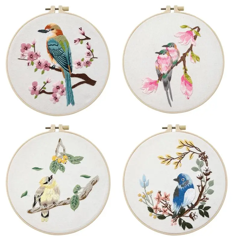 

AEE4-4Pack Наборы для вышивания для взрослых Набор для вышивания для начинающих Набор для ручной вышивания с узорами (Birdie)