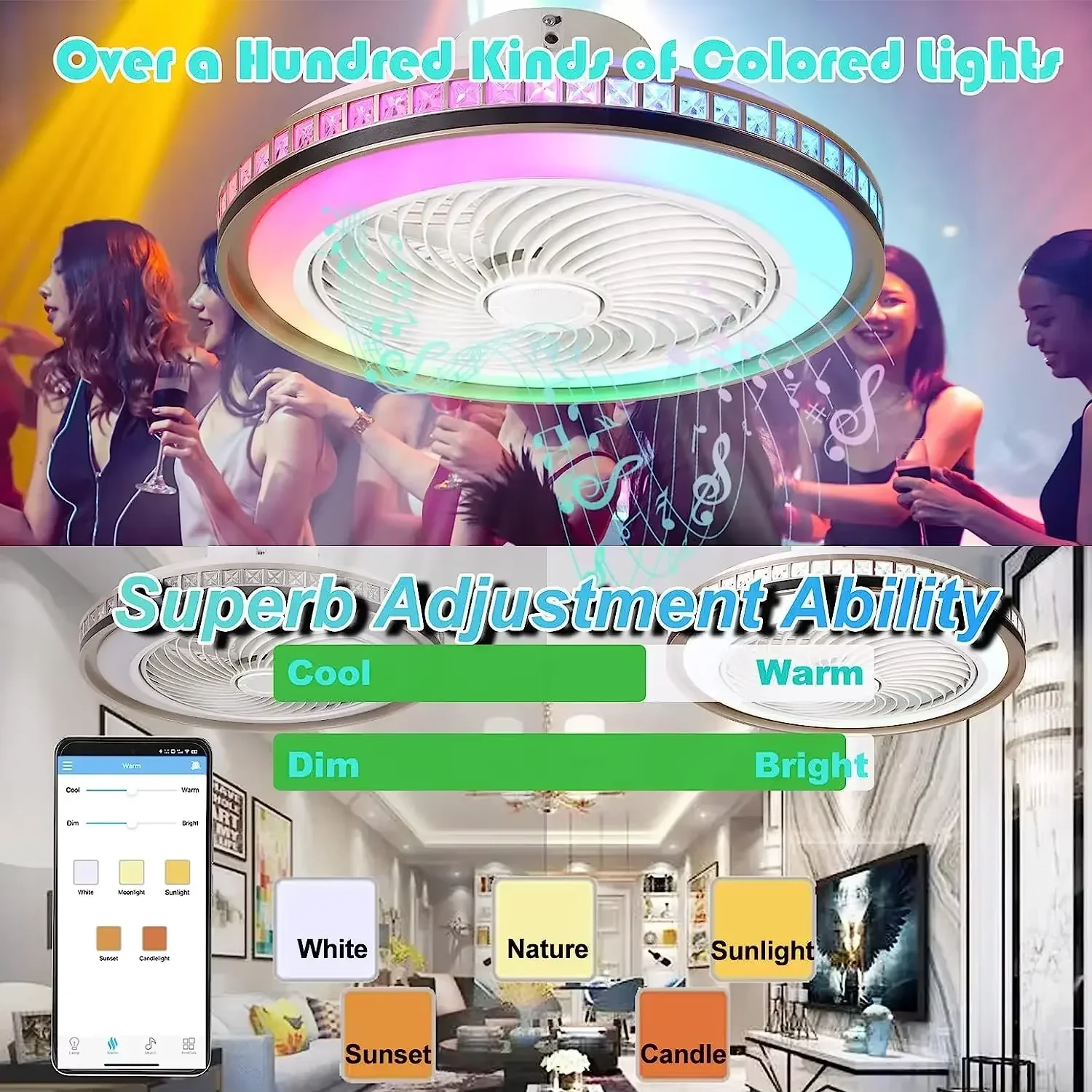 50CM Ceiling Fan Chandelier With Led Light Remote Control Bluetooth Speaker Ventiliator Fan 6 Speed Wind Guide For Home Lghting