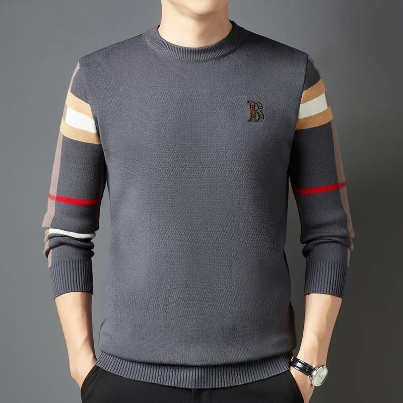 Men\'s Sweater Knitted Pullover 2024 Autumn/Winter New Soft Warm Striped Checker Round Neck Sweater Casual Fashion Men Clothing