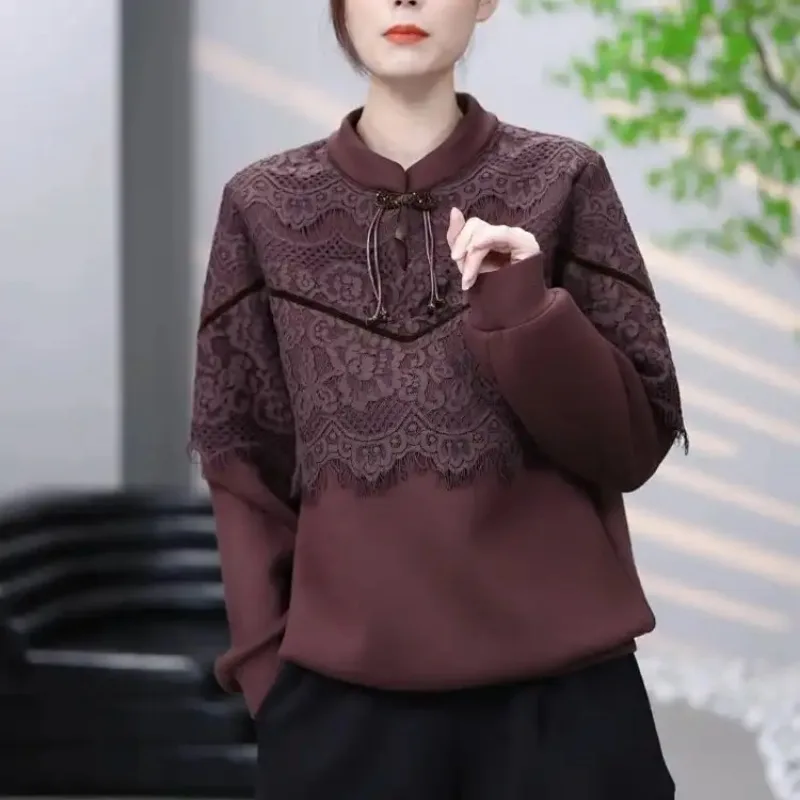 

Women's Spring Chinese Style Fake Two-Piece Patchwork Sweatshirt Crew Neck Qipao Button Age-Reducing Fashion Top