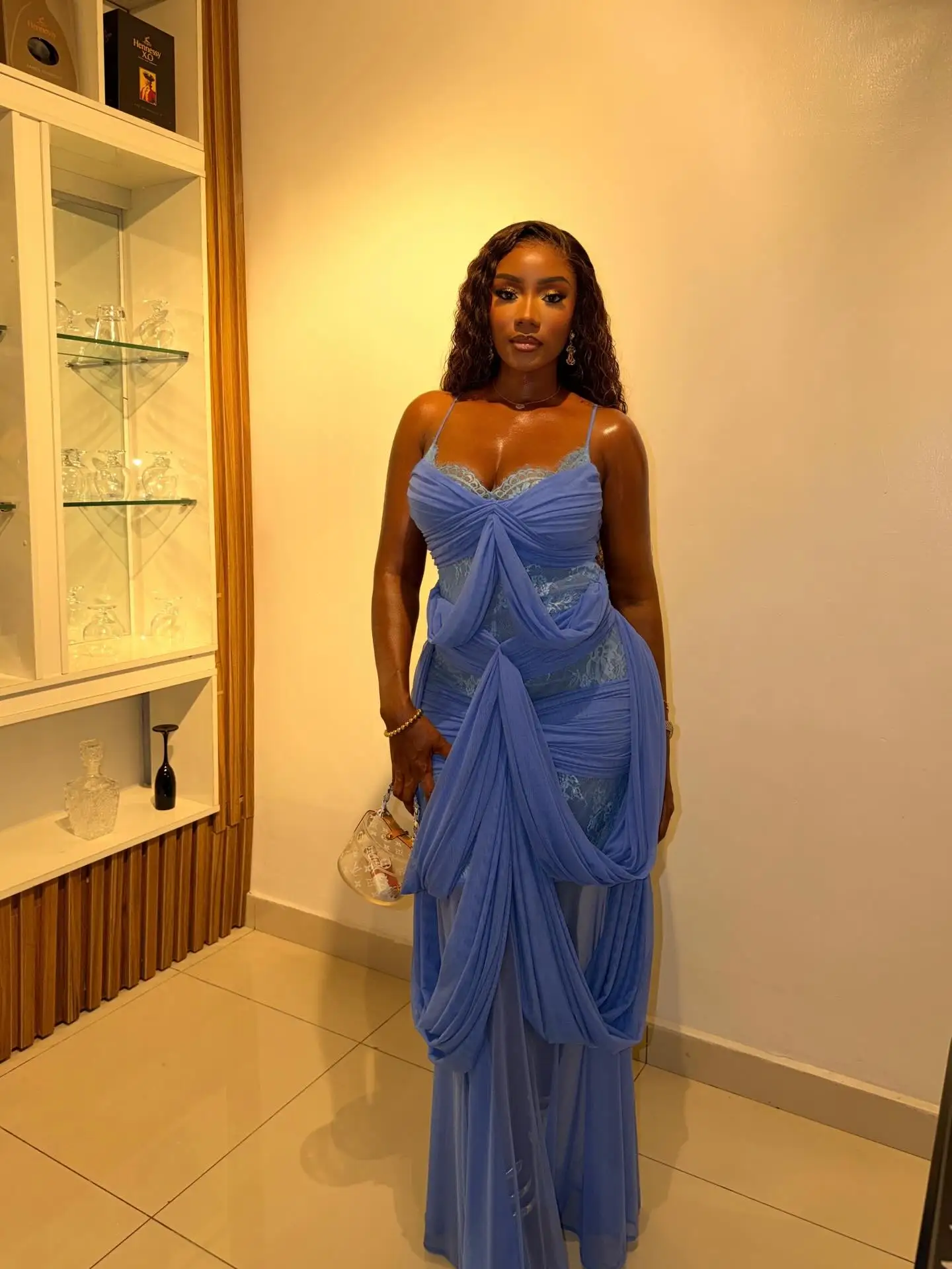 2025 Trending Boho Blue V Neck Dress Chiffon Wedding Gown with Lace Detail Layered Pleated Women Fashion Formal Dresses Aso Ebi